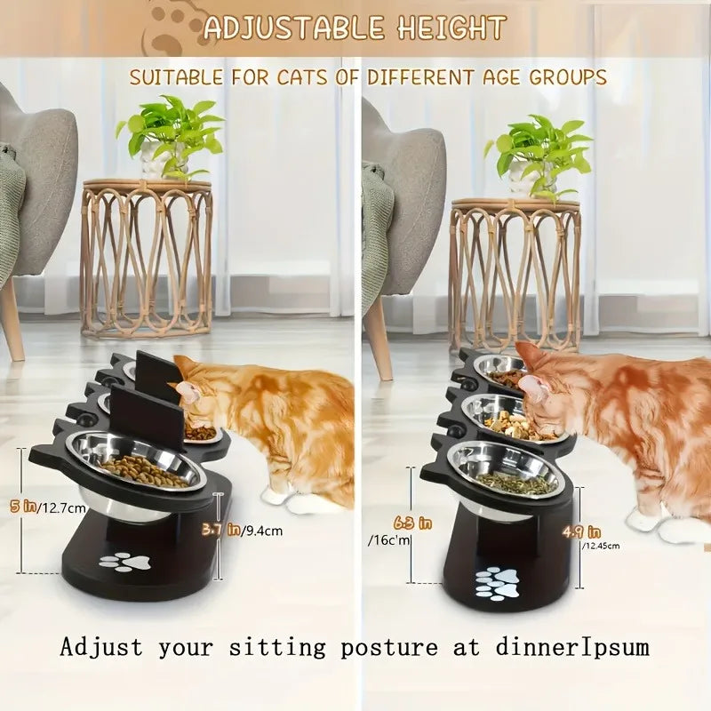 Comedero Elevado para Gatos de 3 Niveles con Base de Madera y Acero Inoxidable