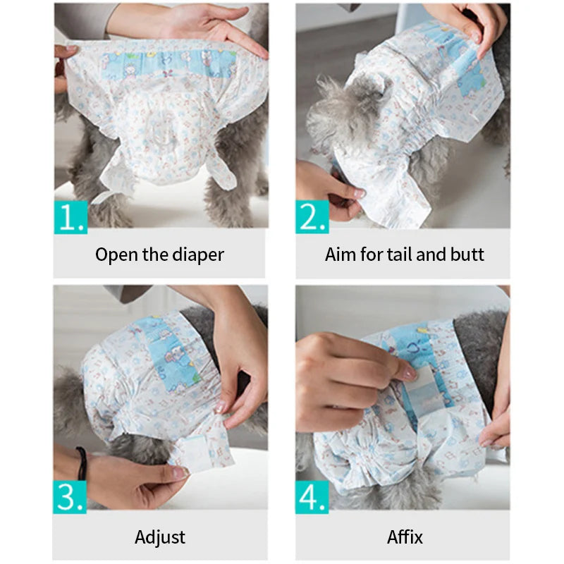 Four steps showing how to open, aim, adjust, and affix reusable sanitary diapers for dogs