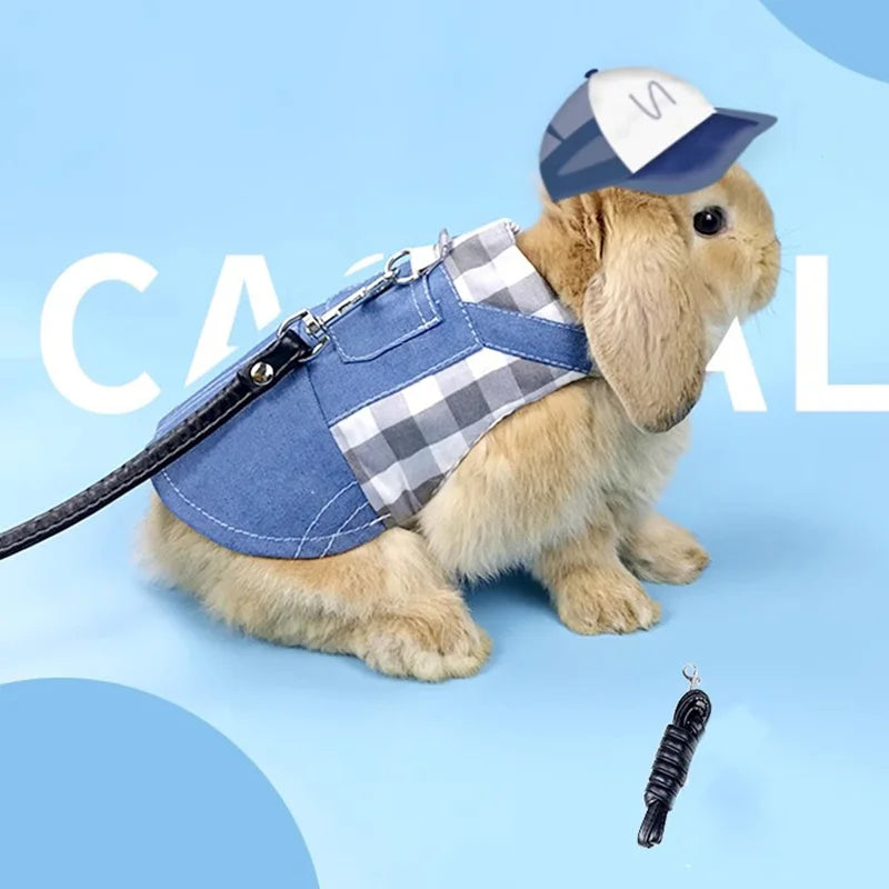 Un lapin brun et duveteux portant un costume de lapin en denim avec un gilet à carreaux et une casquette bleue.