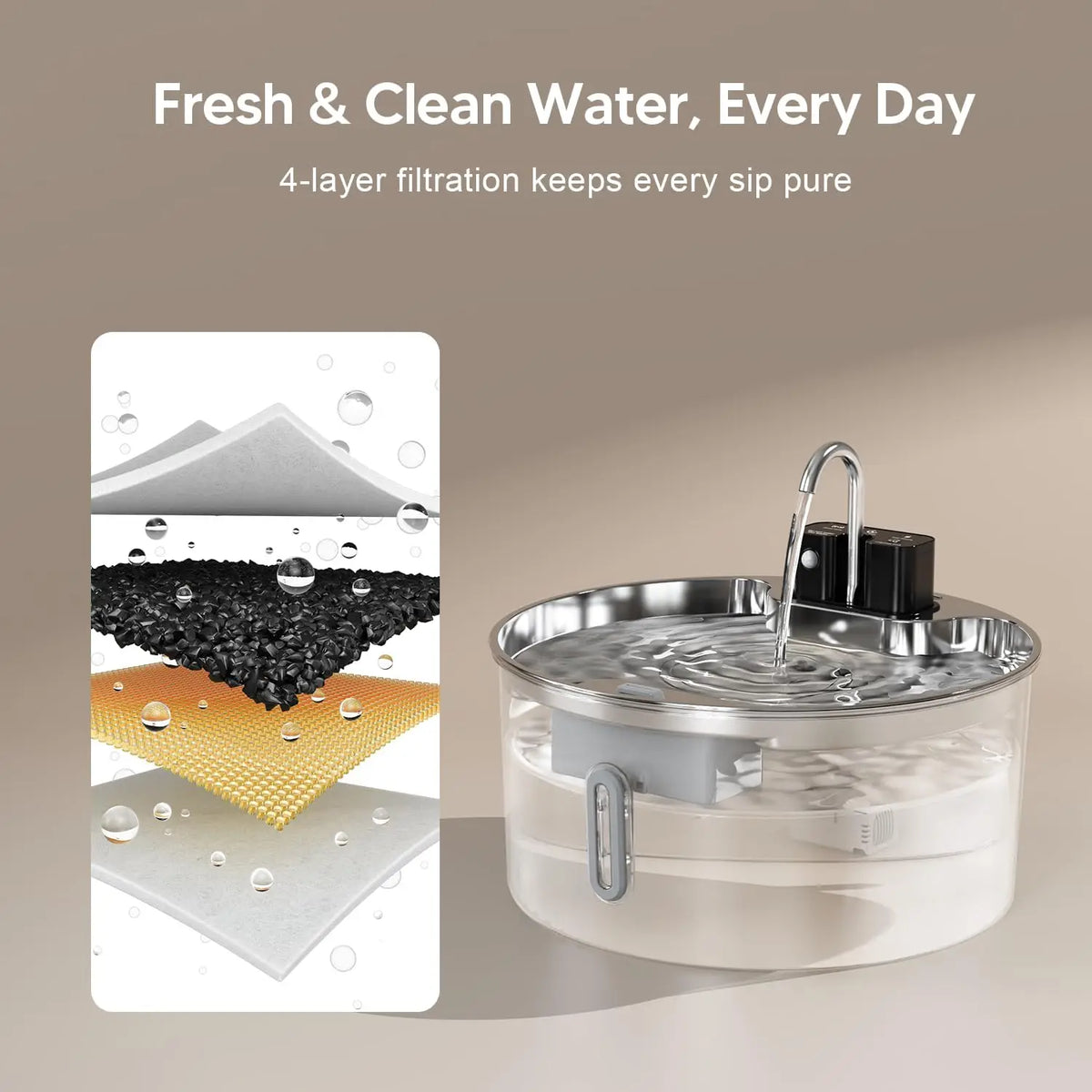 A stainless steel wireless pet water fountain with a sensor, showing its layered filtration system.