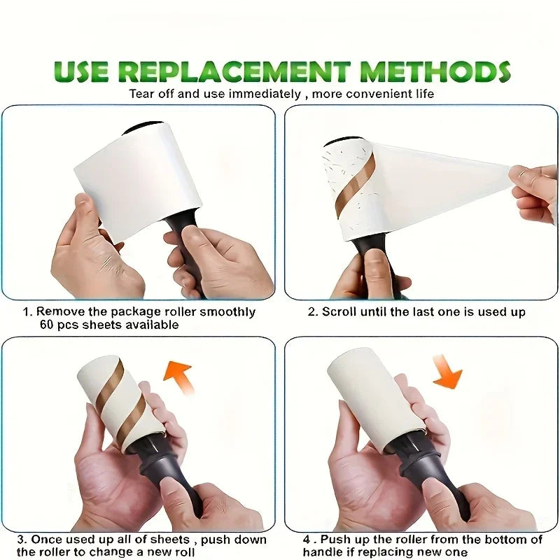 Instructions show how to use and replace the Ultra-Sticky Lint Roller for pet hair removal.