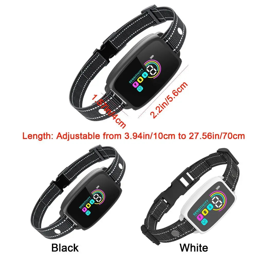 Black and white rechargeable waterproof dog bark collar with adjustable sensitivity settings