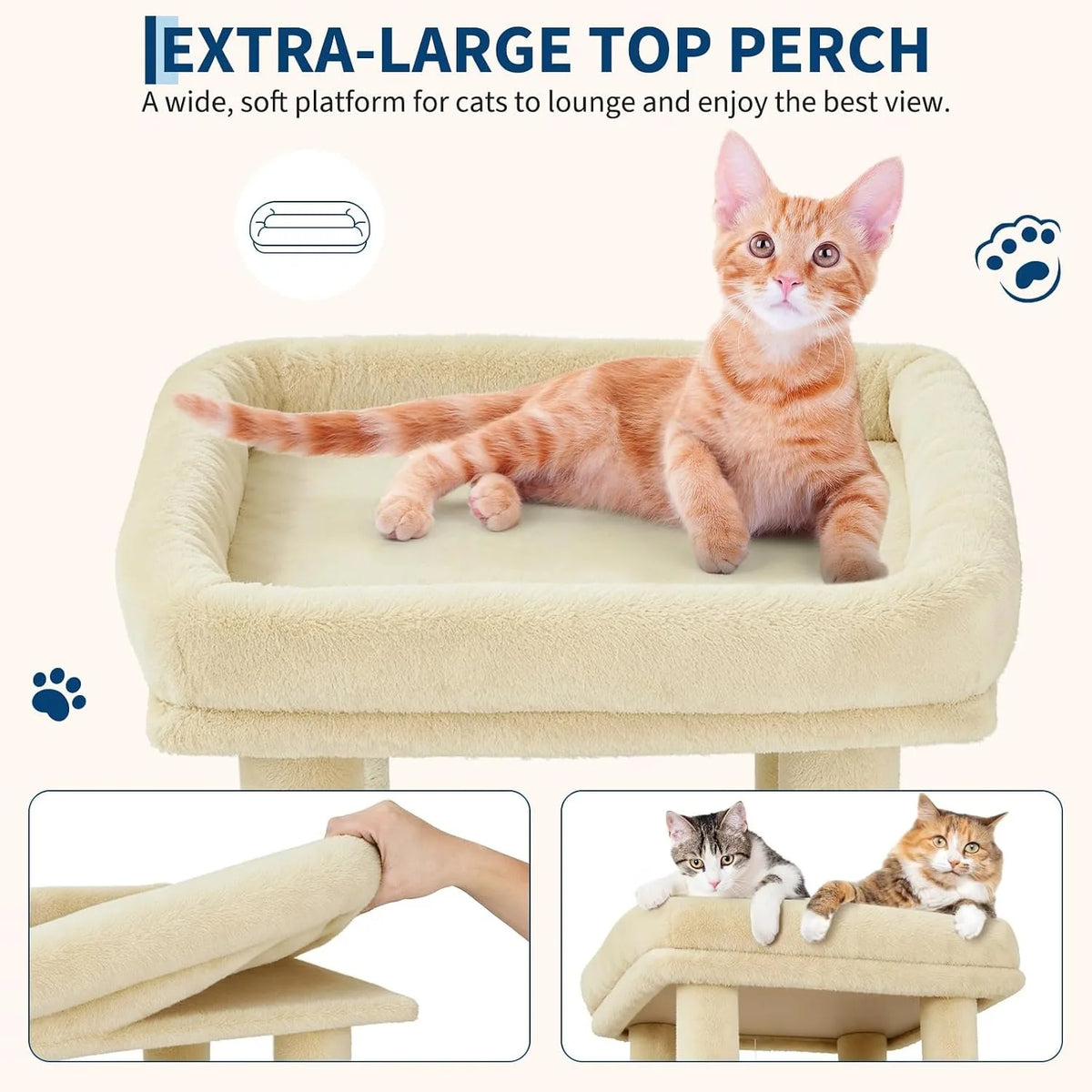 An extra-large top perch cat tree tower with a soft platform for cats to lounge and enjoy a view.