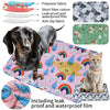 A dog and a cat are shown on a colorful pet training mat with leak proof and waterproof film.