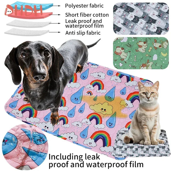 A dog and a cat are shown on a colorful pet training mat with leak proof and waterproof film.