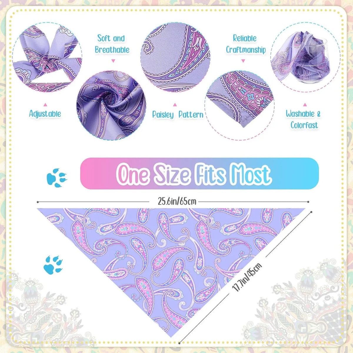 A collection of purple paisley dog bandanas in a 100-pack featuring various patterns and sizes.