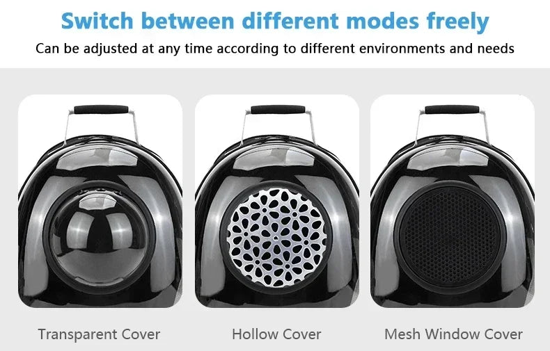 Three views of a black pet carrier backpack showing transparent, hollow, and mesh window covers