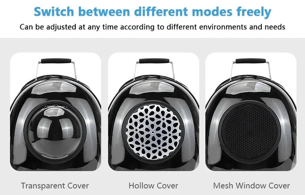 Three views of a black pet carrier backpack showing transparent, hollow, and mesh window covers