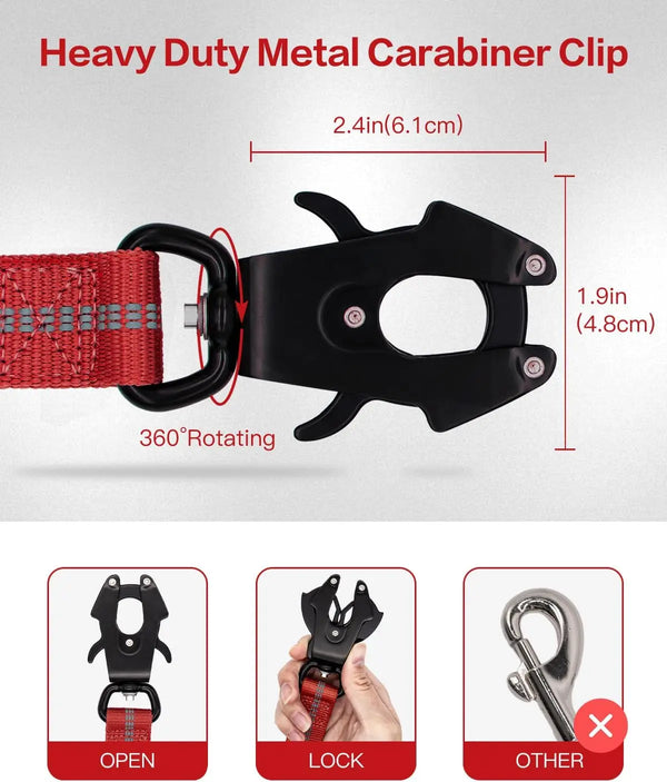 Black heavy duty metal carabiner clip shown in various states including open and locked positions