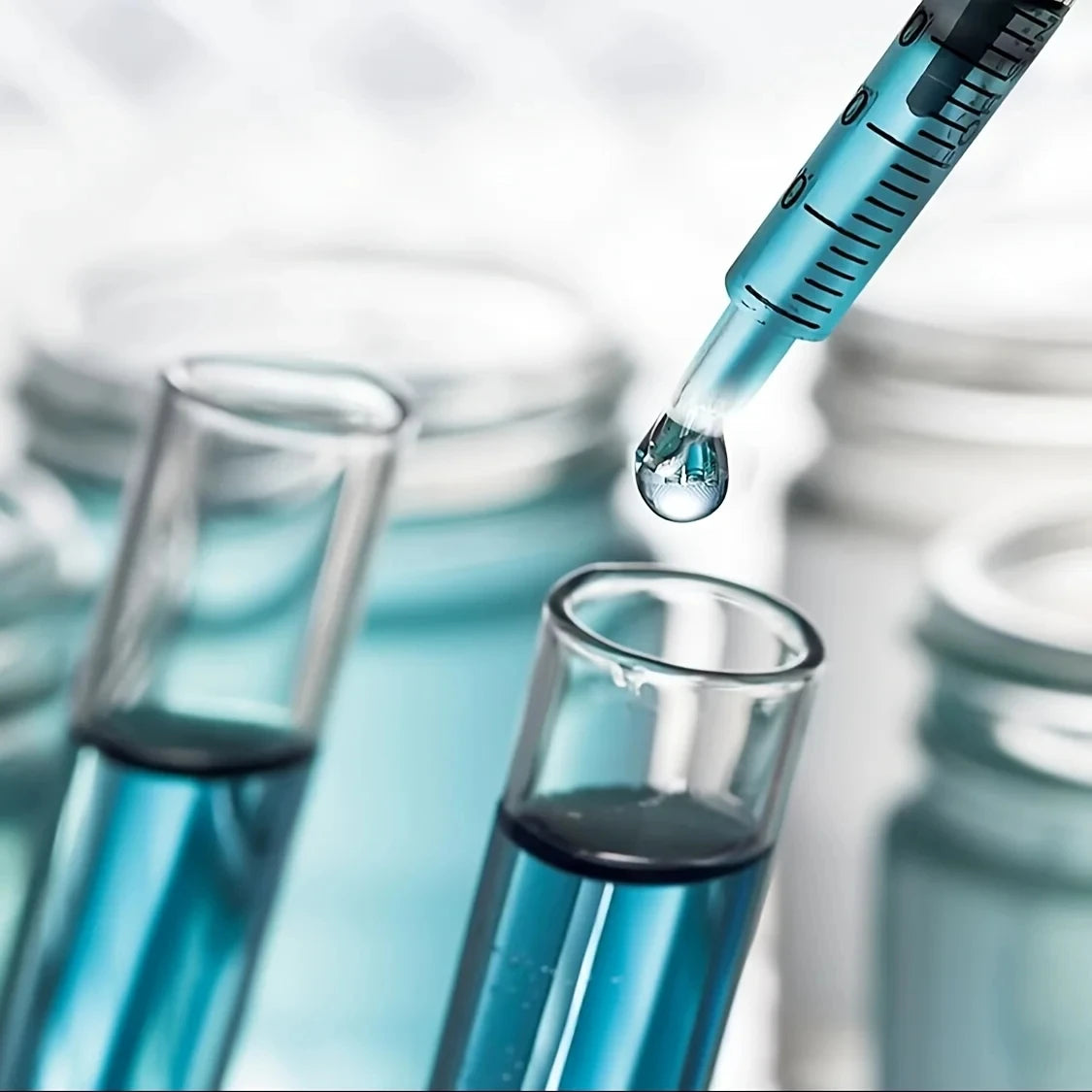 A close-up shot of a syringe dispensing liquid into a glass jar, showing precision liquid dispensing equipment.