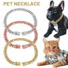 A set of diamond Cuban chain pet necklaces for dogs and cats shown next to a black French bulldog and an orange tabby cat.