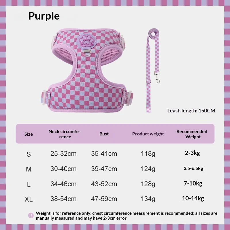 Checkered Nylon Dog Harness for Small Dogs with Leash