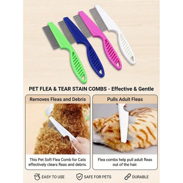 A set of five fine-toothed stainless steel pet grooming combs in various colors for removing fleas and debris from pets.