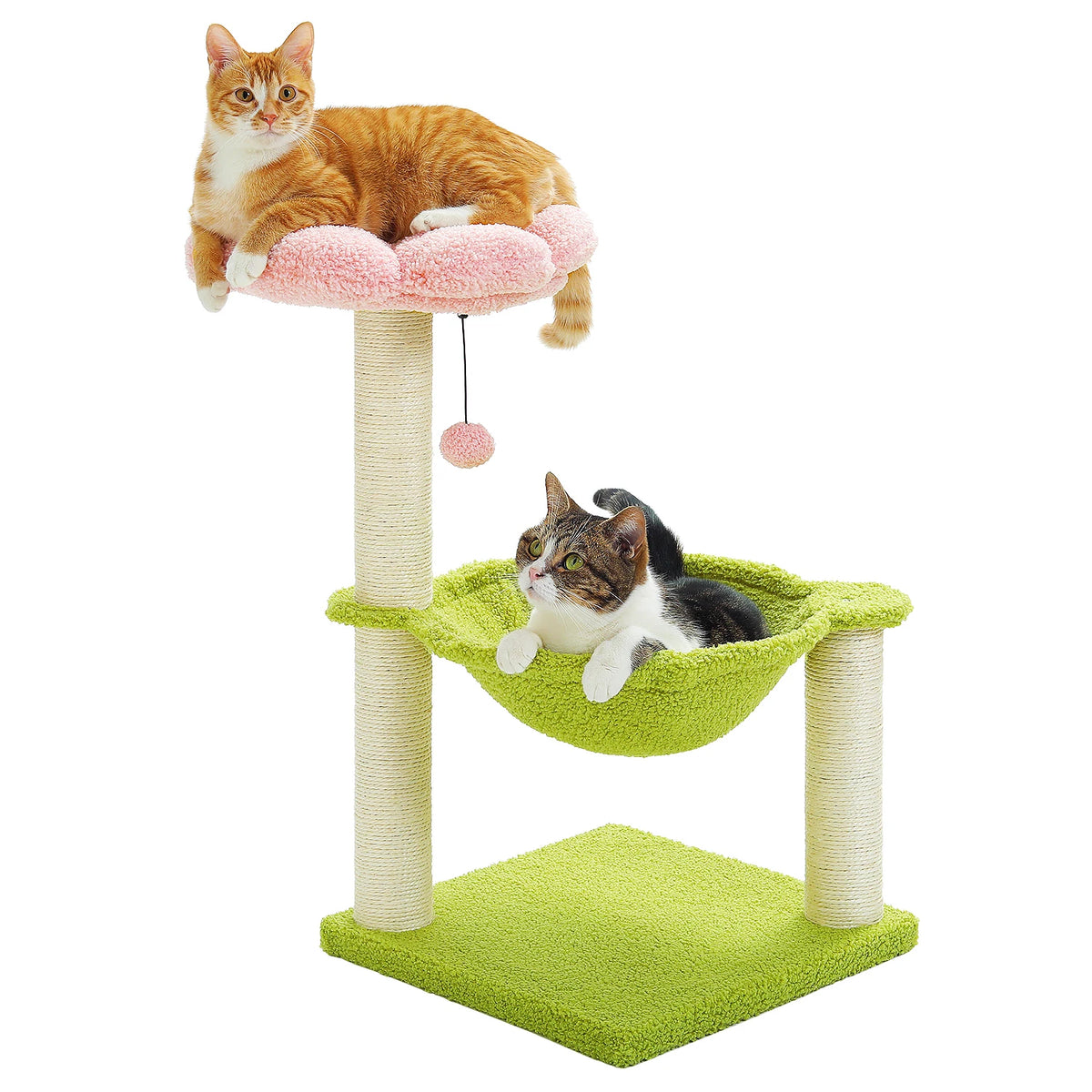 An orange tabby cat is perched on a pink fluffy hammock attached to a wooden tower structure.
