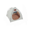 A light gray foldable outdoor cat tent with an arched roof and a wooden floor inside.