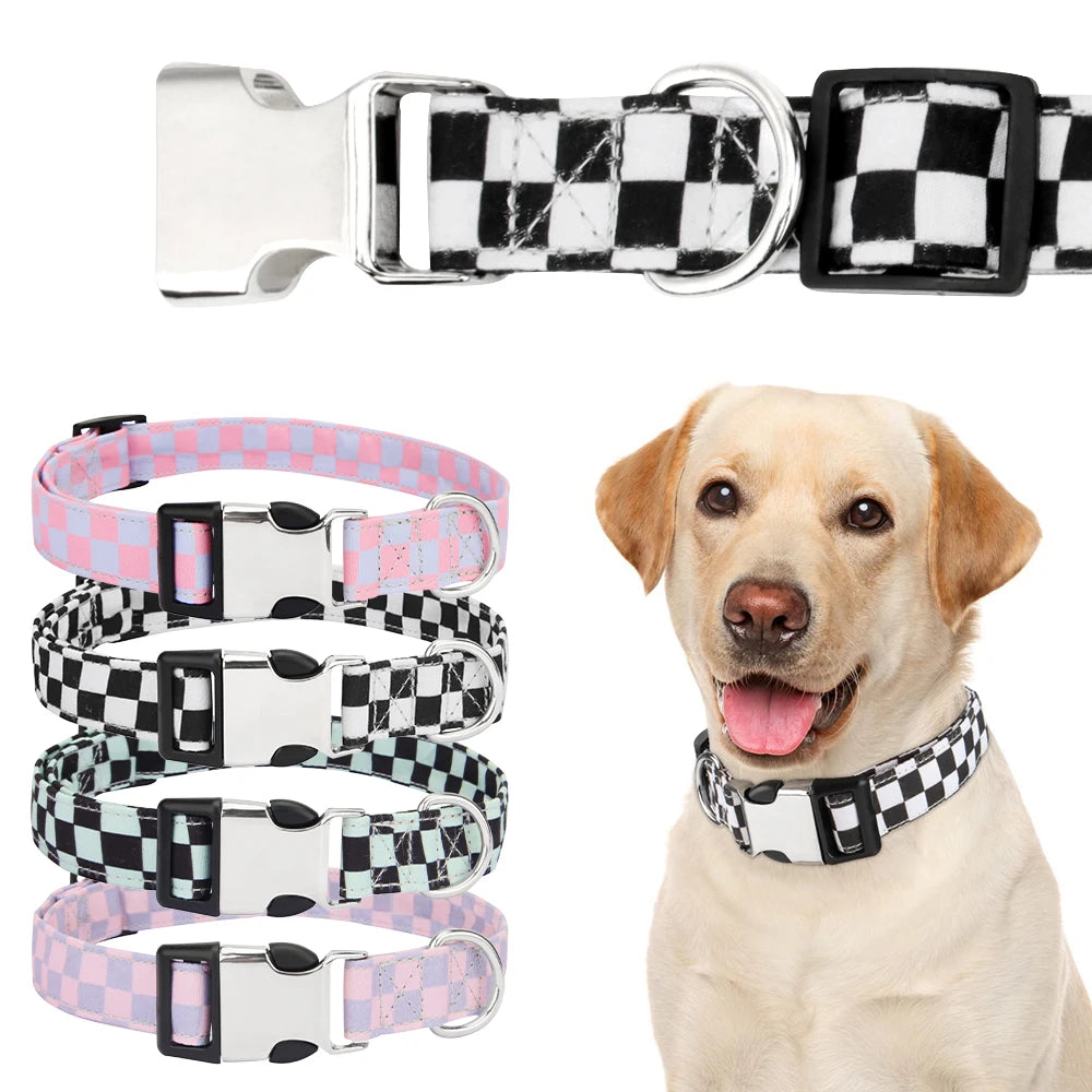 Adjustable Checker Pattern Dog Collar - Soft Nylon, Quick Release
