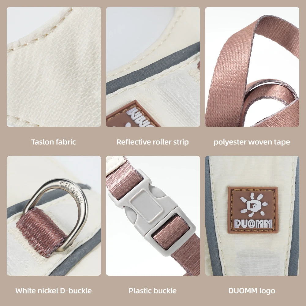 Components of an escape-proof harness set including Taslon fabric, reflective roller strip, polyester woven tape, nickel D-bu