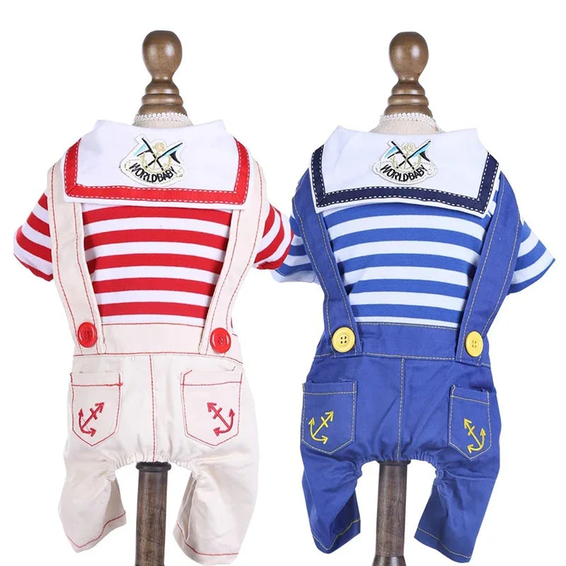 A white and red striped jumpsuit costume for a dog, featuring nautical details.