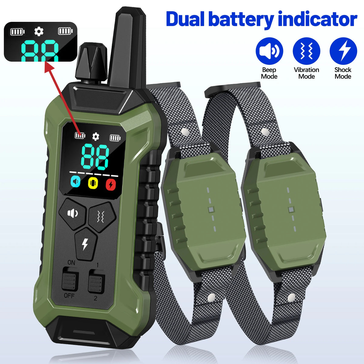 A green remote control dog training collar with a dual battery indicator and accompanying straps.