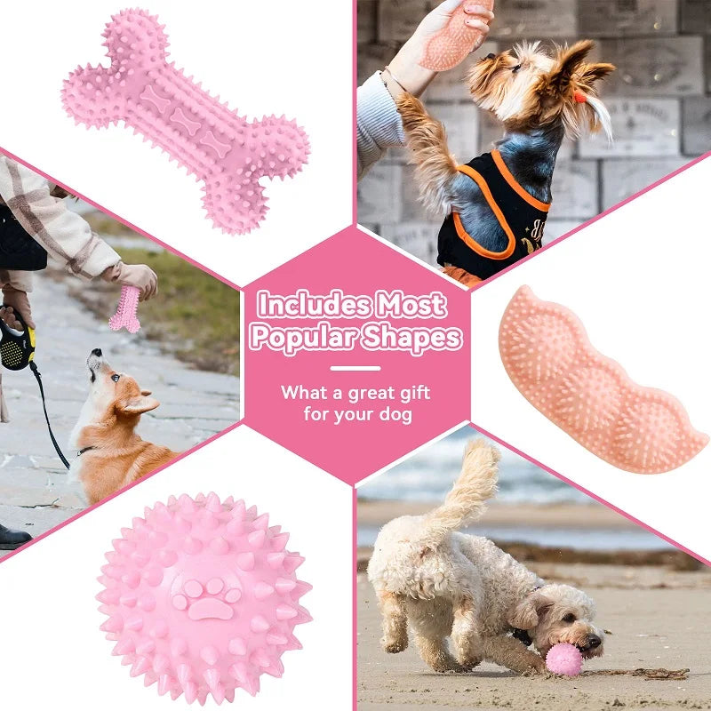 Pink rubber chew toys in various shapes and textures for dogs, including a bone shape and a spiky ball.