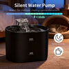 A black silent water pump device is shown with water flowing, emphasizing its quiet operation and safety features.