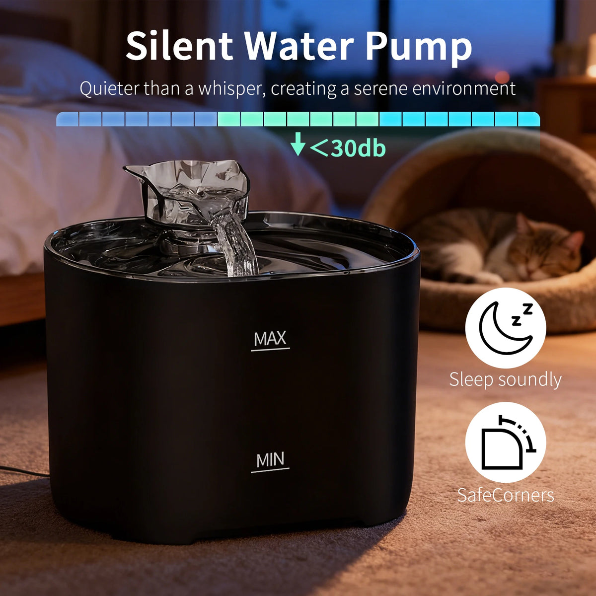 A black silent water pump device is shown with water flowing, emphasizing its quiet operation and safety features.