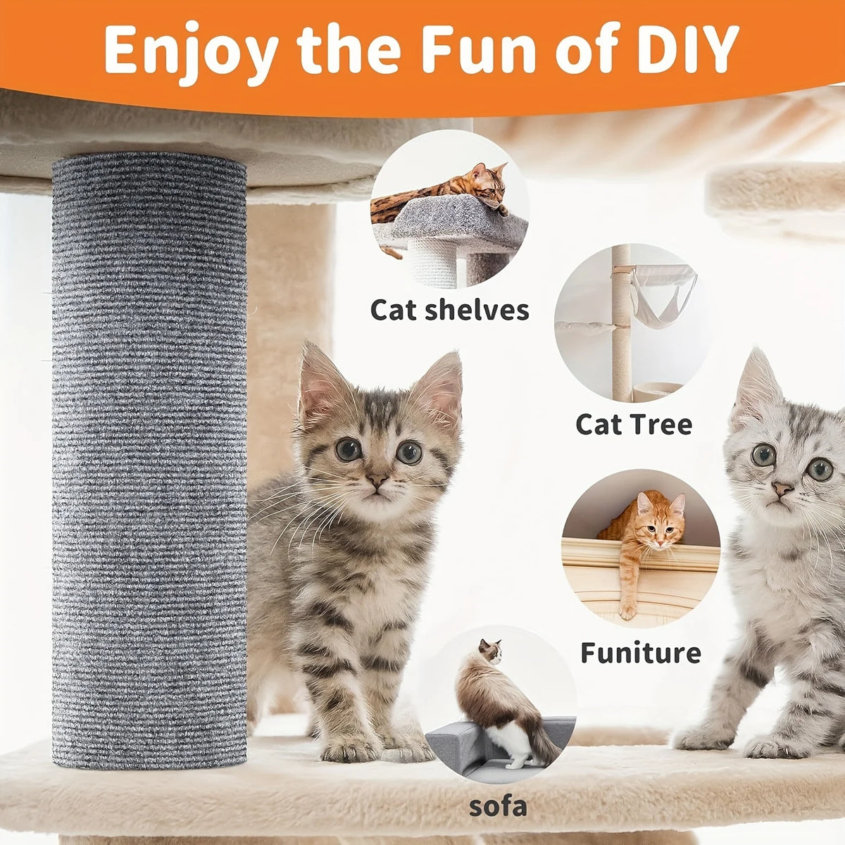 A variety of cat furniture items including shelves, a tree, and sofa are shown with a striped protector.
