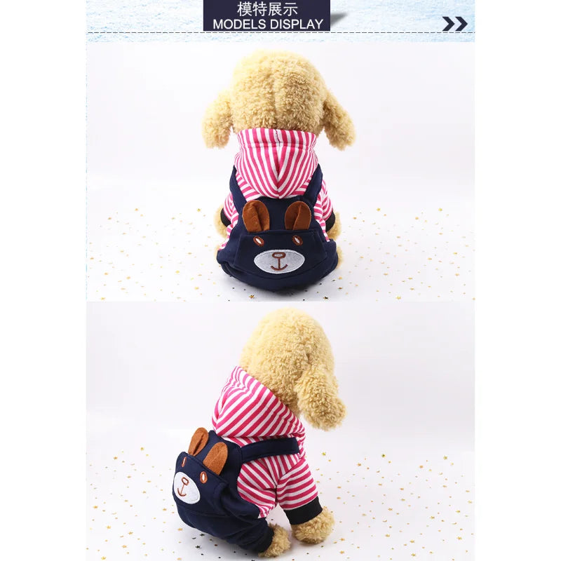 A fluffy yellow dog wearing a striped red and white hooded coat with a dark blue collar and face mask.