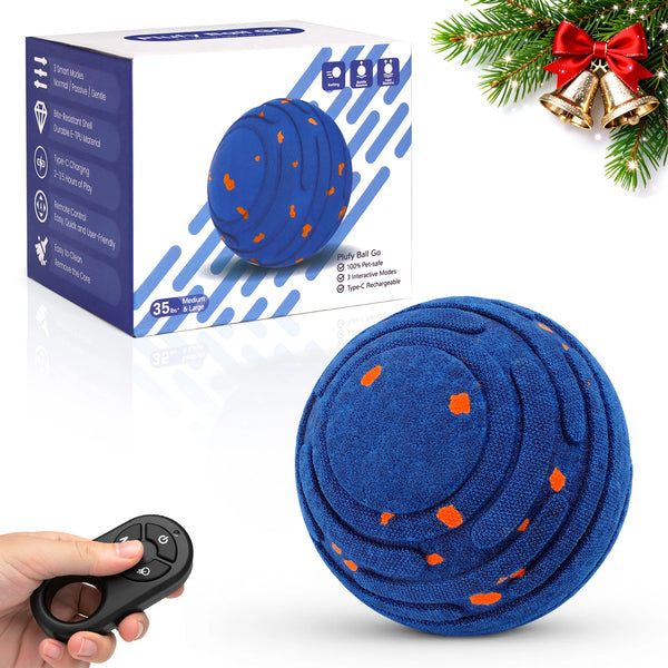 A blue interactive E-TPU toy ball for dogs with a remote control and charging cable shown next to the product box.