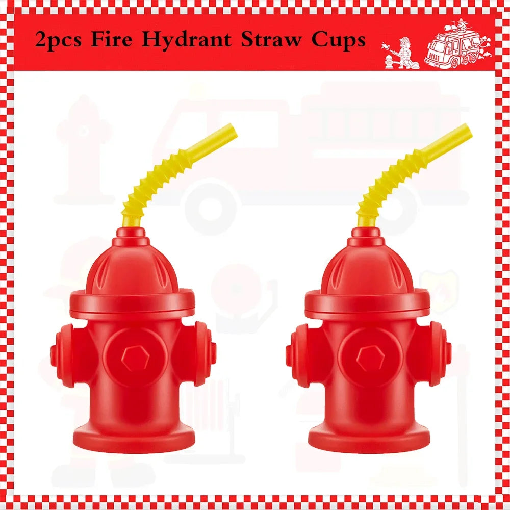 Two red fire hydrant straw cups with yellow straws and lids