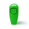 A bright green 2-in-1 dog training clicker and whistle with a key ring.