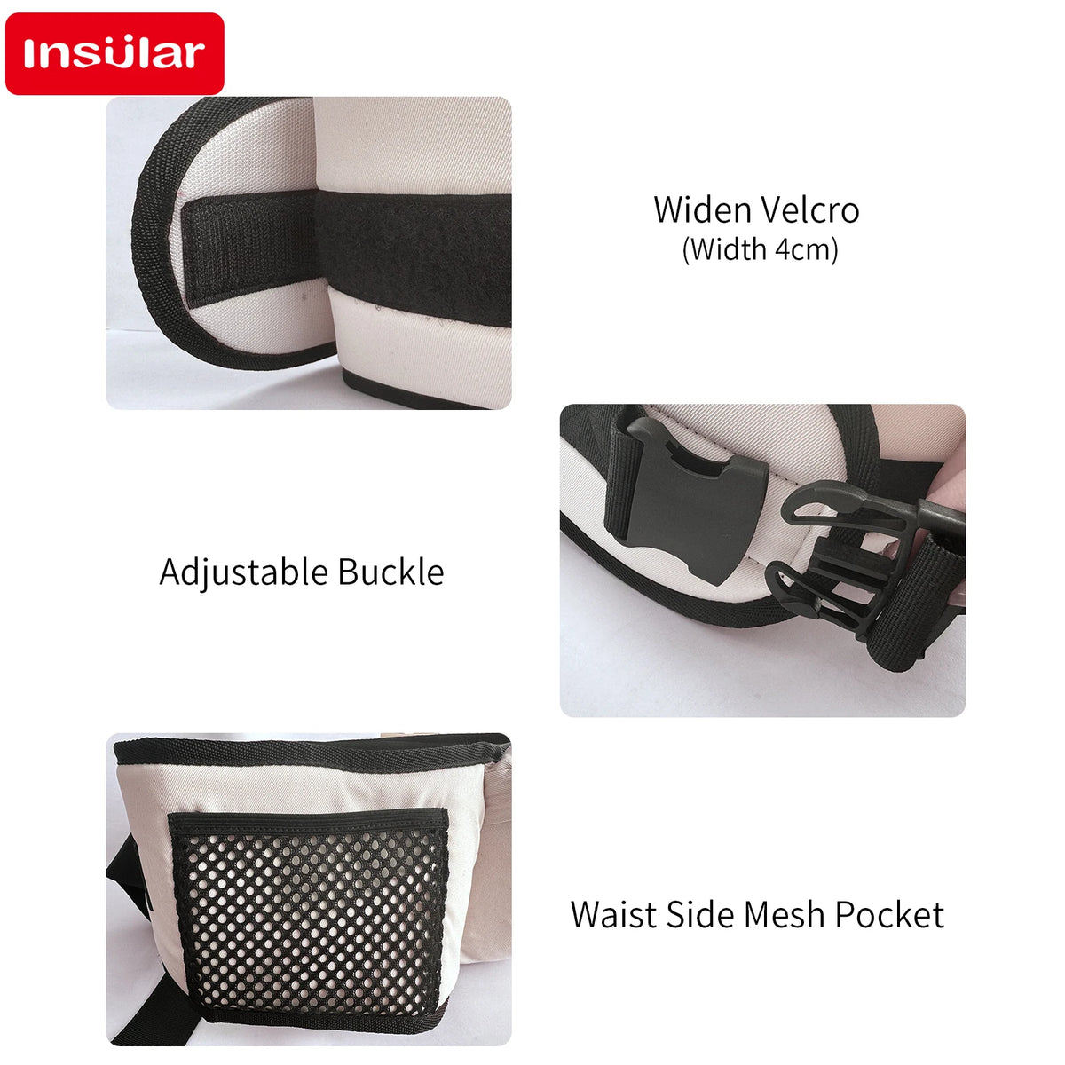 Primeros planos de un soporte para bebé ajustable, incluyendo una correa ancha de velcro y un bolsillo de malla lateral en la
