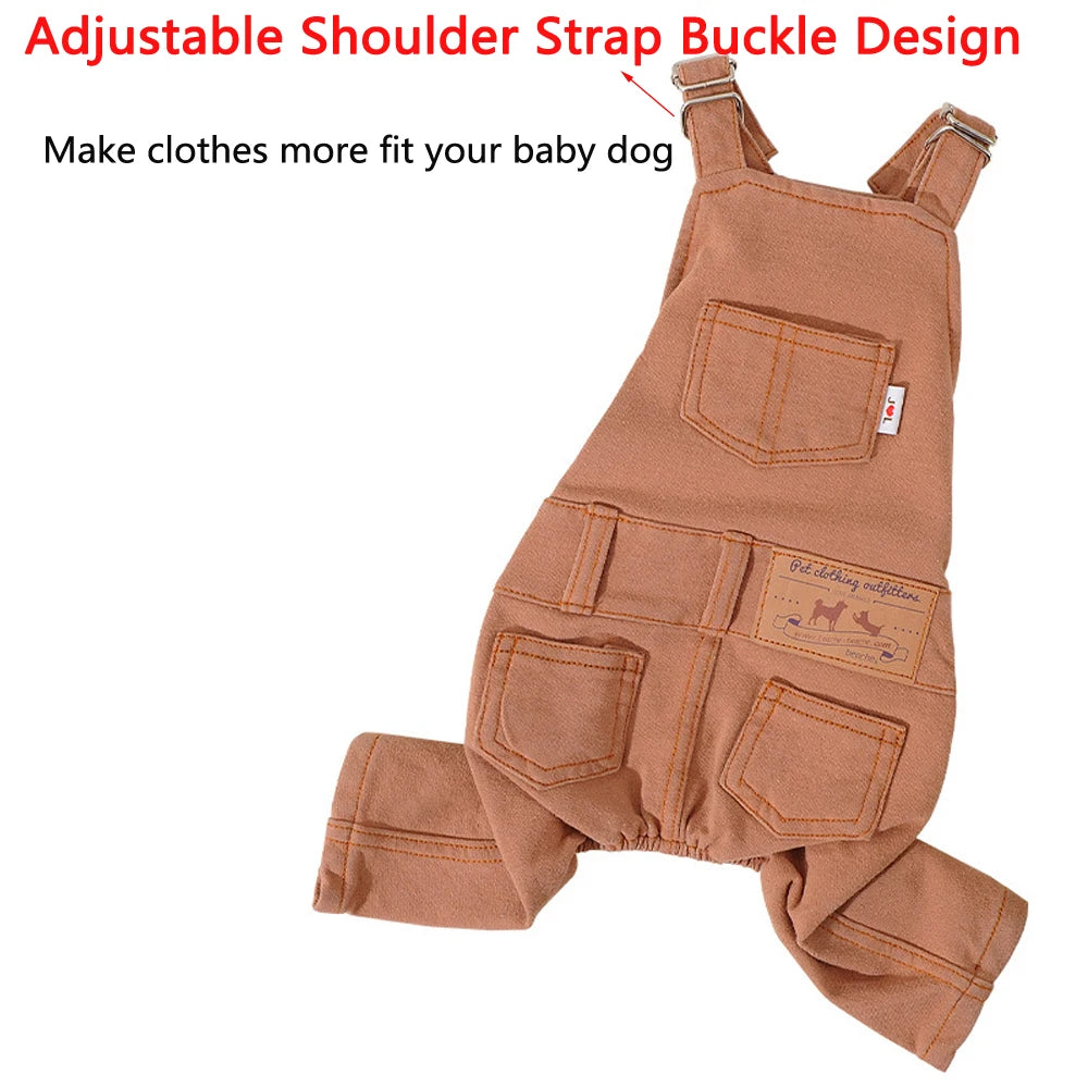 A tan dog denim jumpsuit costume with adjustable shoulder strap buckle design.