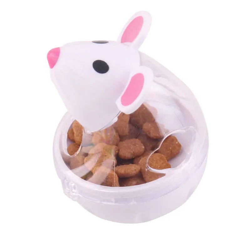 A white rabbit-shaped toy for dispensing cat food, featuring pink ears and a clear container filled with kibble.