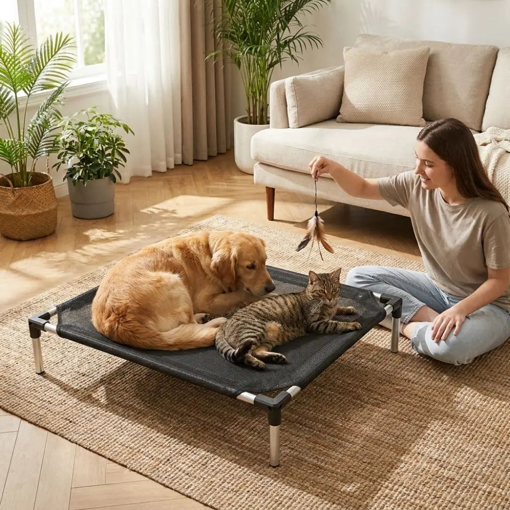 A golden retriever and a tabby cat are relaxing on an elevated mesh pet bed indoors.