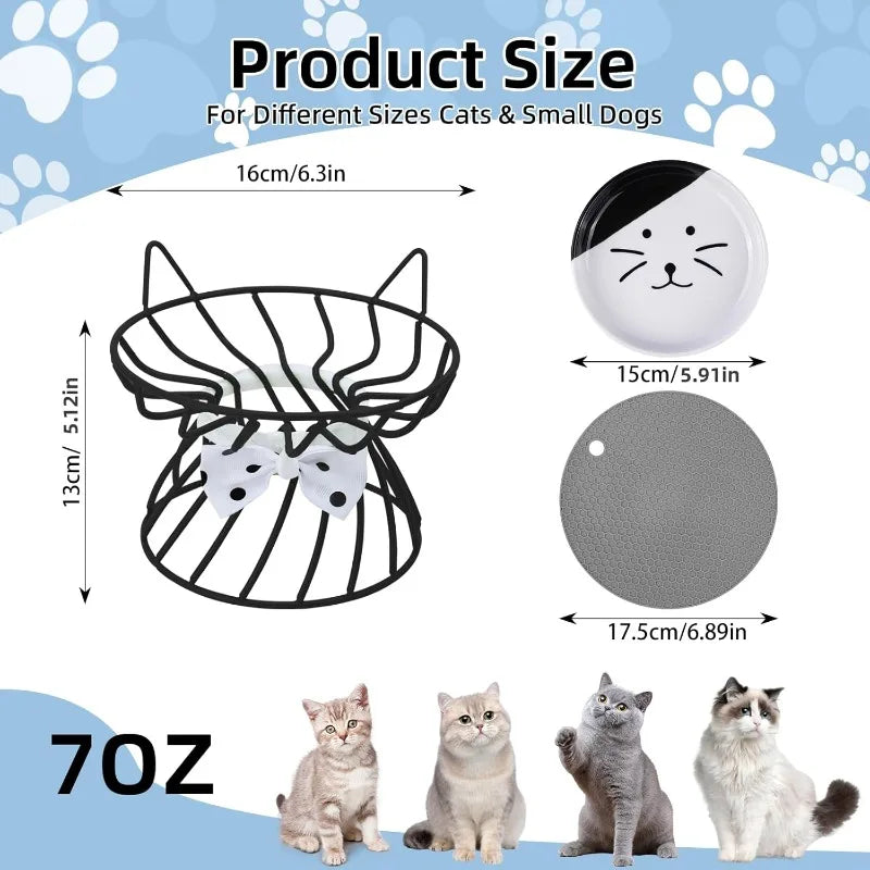 Black elevated ceramic cat food dish with a non-slip stand and various size options shown.