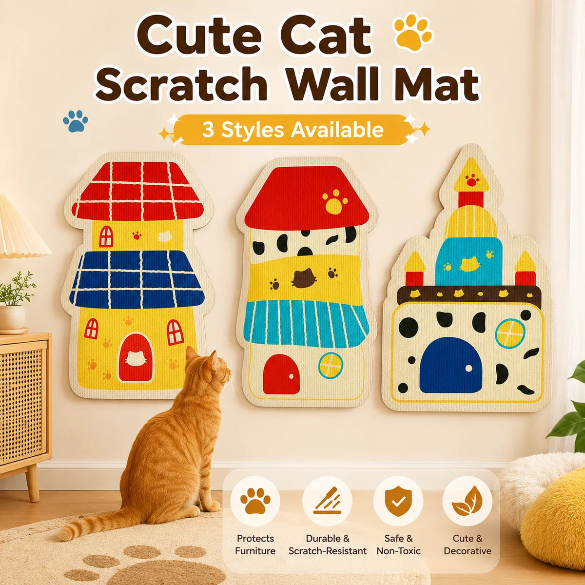 A felt cat scratch wall mat featuring a cute house design, available in three styles.