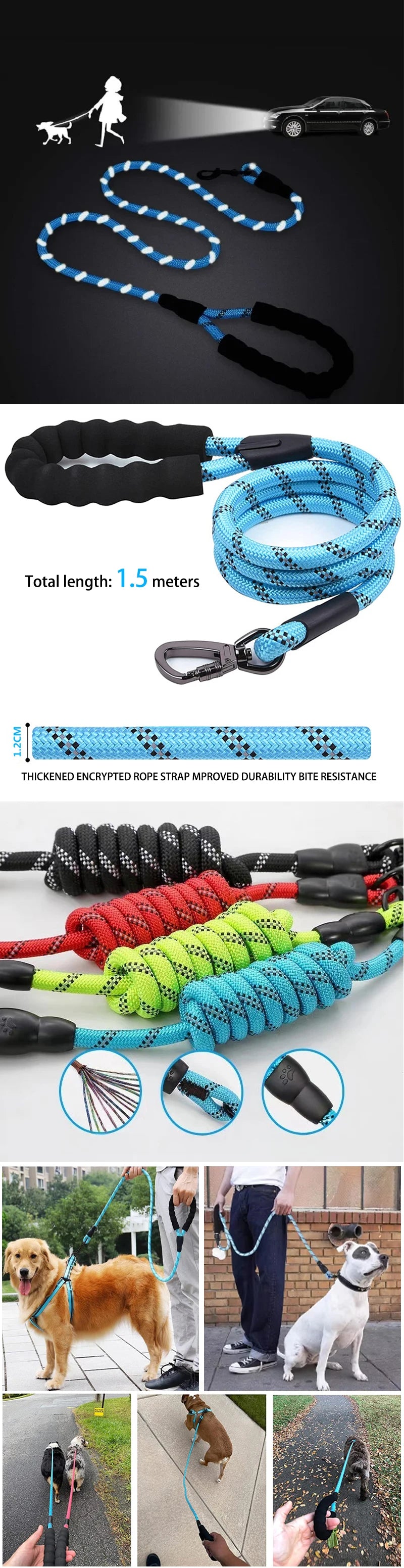 A collection of reflective dog leashes and collars, including nylon straps, padded handles, and various colors for different 