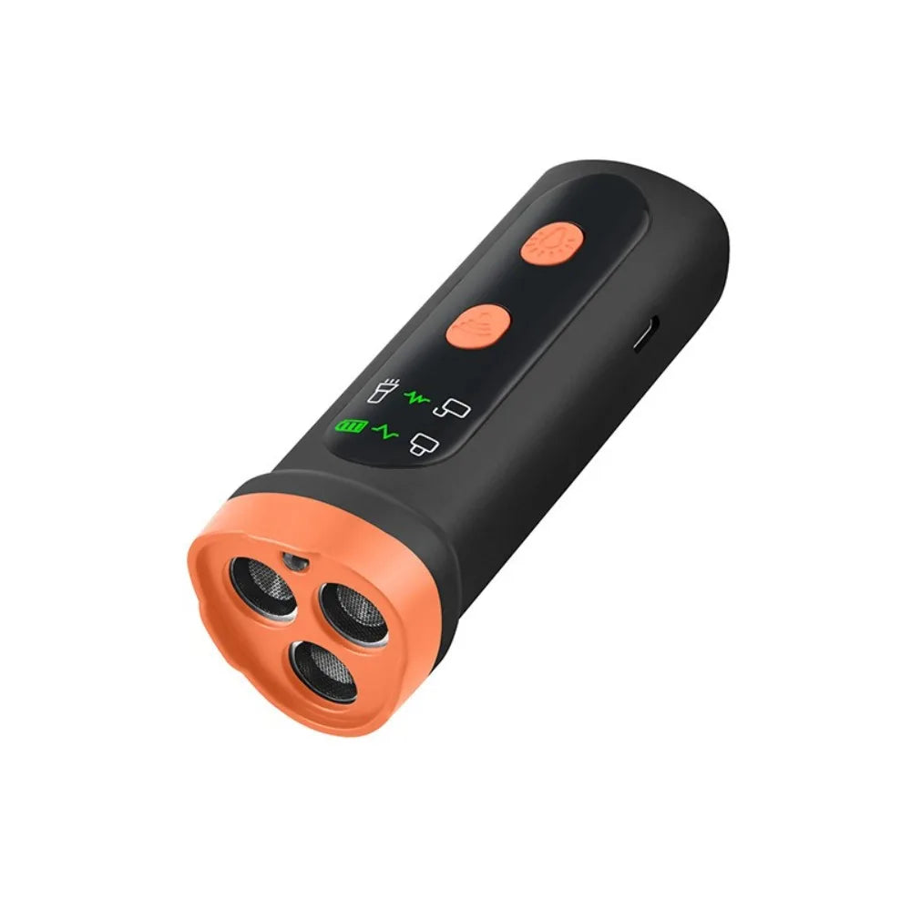 Black handheld ultrasonic dog bark deterrent device with orange nozzle and LED light features