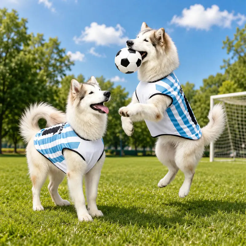Un chien blanc duveteux portant un maillot rayé bleu et blanc joue au football avec un ballon sur un terrain vert.