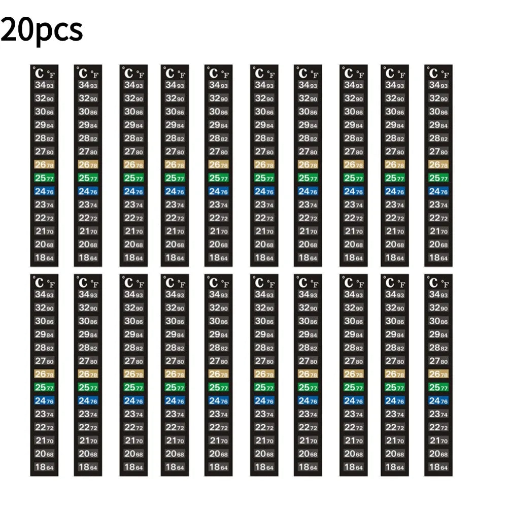 Une grille de 20 thermomètres aquarium numériques autocollants de différentes tailles et couleurs.