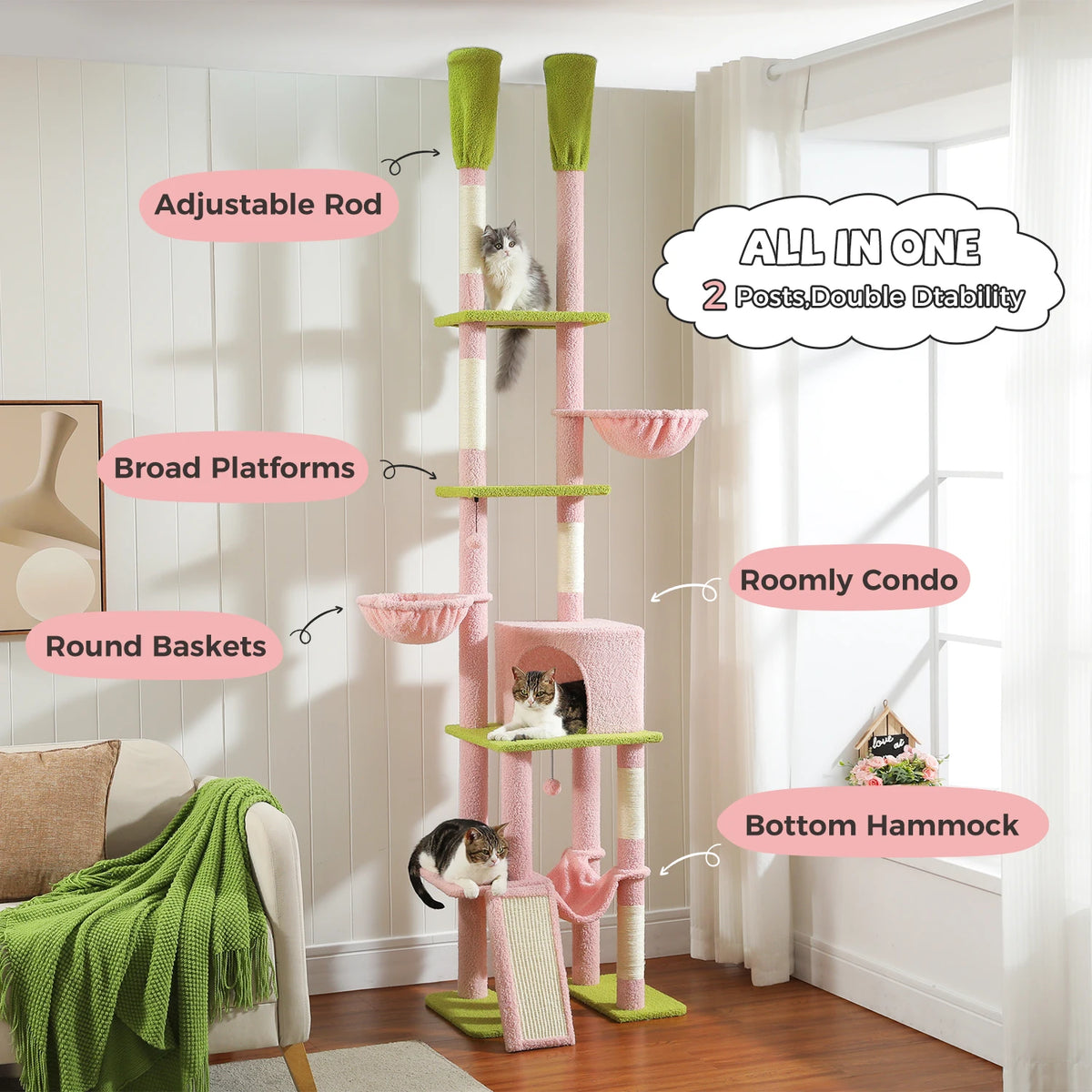 A multi-level cat tree tower with adjustable rods, platforms, round baskets, and a bottom hammock for cats.