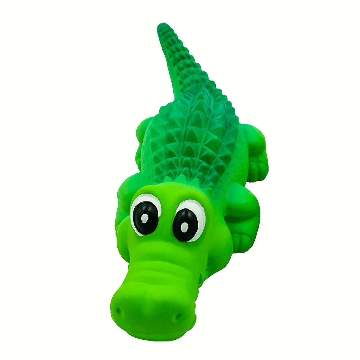 A bright green crocodile-shaped latex dog chew toy with a squeaker.