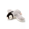 A soft, gray plush toy resembling a cat with black markings and an attached bird sound feature.
