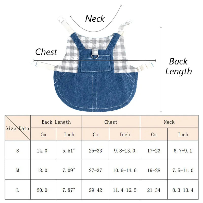 Costume lapin lapin en denim pour petits animaux, présenté à plat avec tableau de tailles.