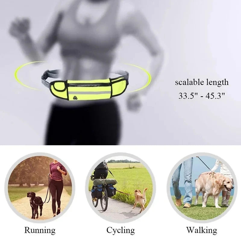 Hands-Free dog waist leash with a yellow reflective trim and storage bag shown in use for running, cycling, and walking.