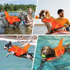 Orange dog life jackets for swimming used by dogs in water and on land