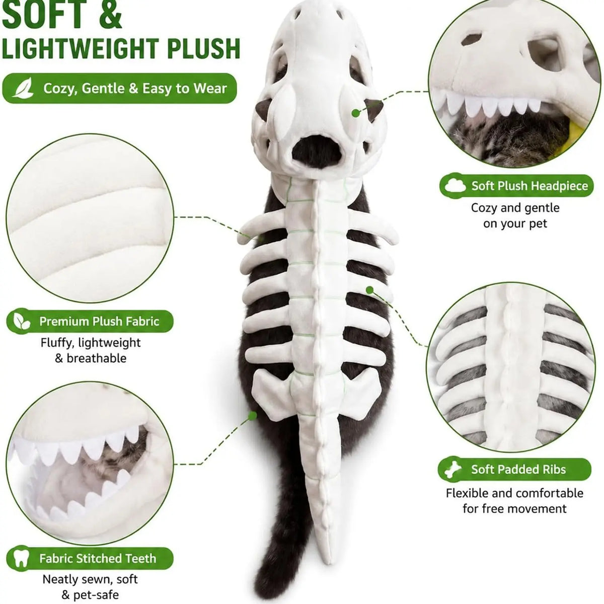 A white plush dinosaur skeleton pet costume for dogs and cats showing soft fabric, padded ribs, and stitched teeth