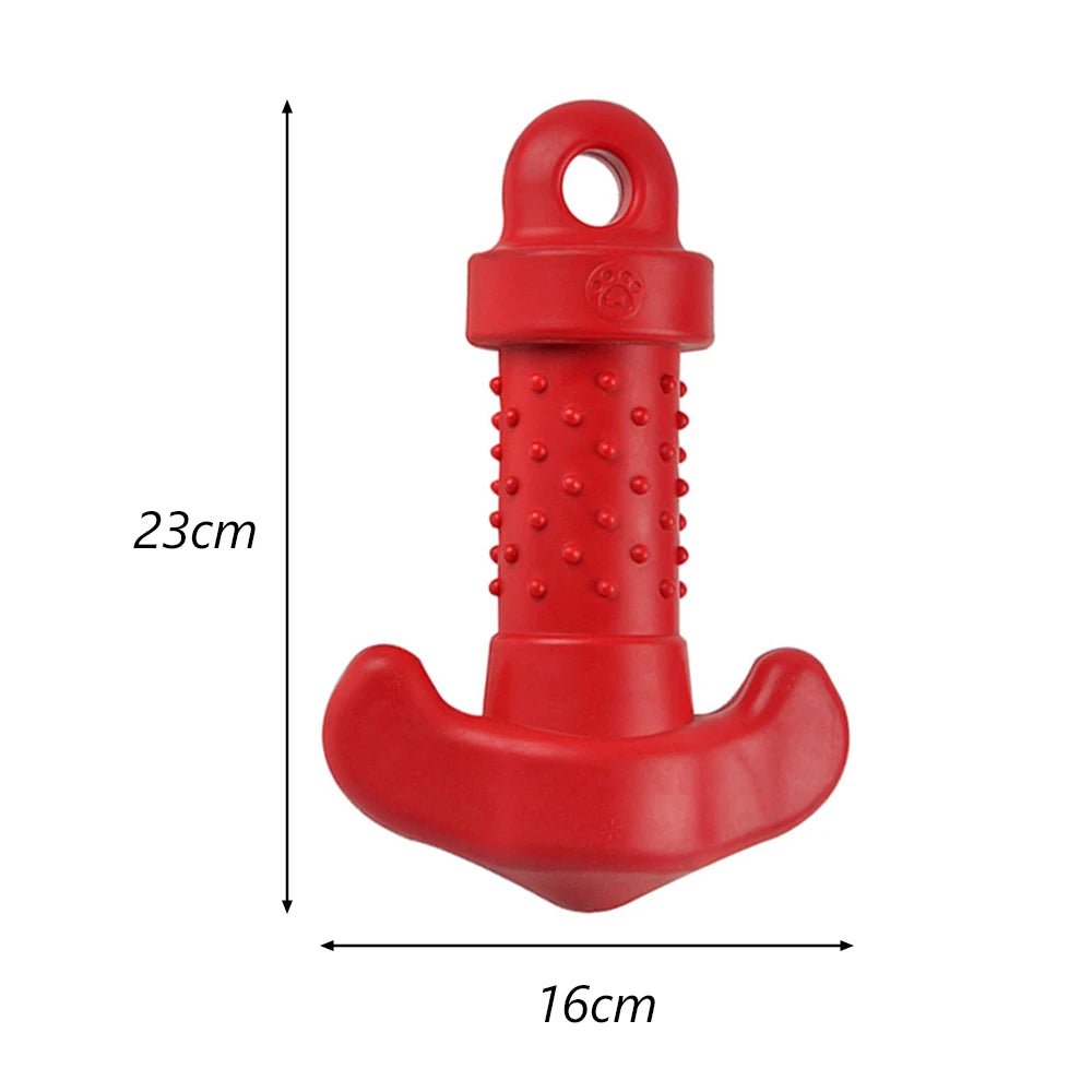 A red hexagonal TPR dog chew toy with a loop and textured body, shown against a white background.