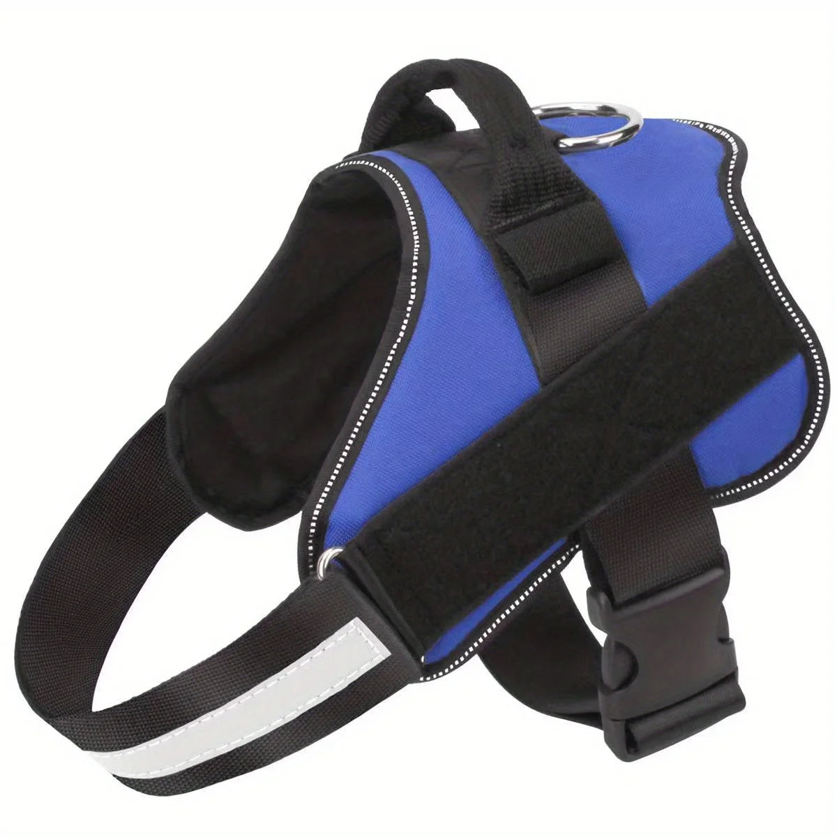 A blue and black adjustable dog vest harness with a handle and reflective strips.